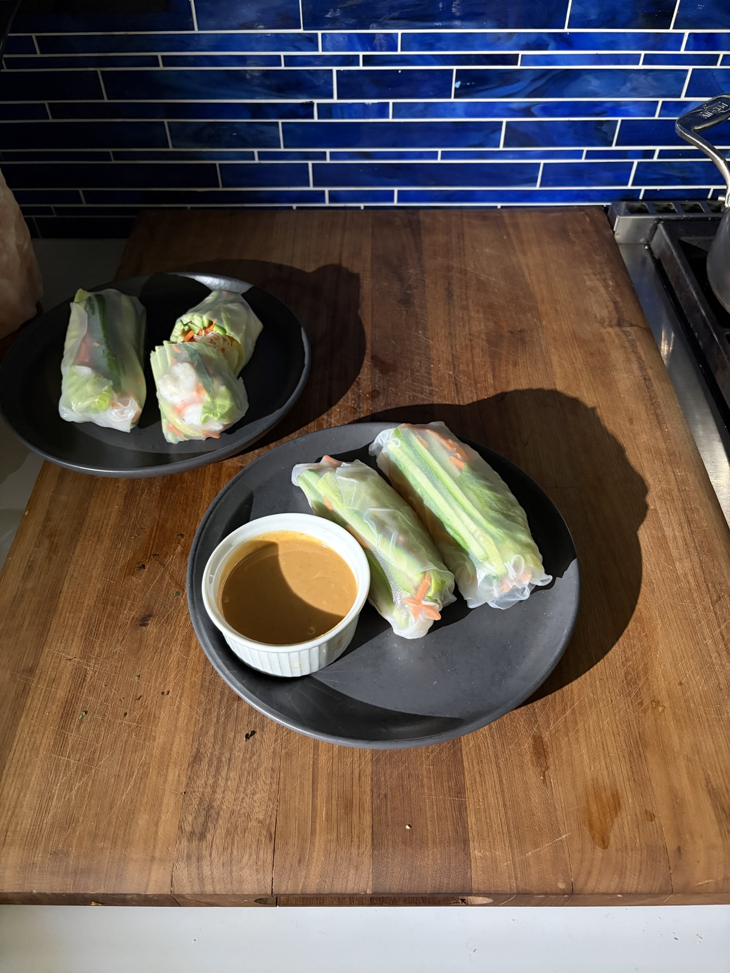 Shrimp Cucumber and Carrot Spring Rolls with Peanut Butter Sauce
